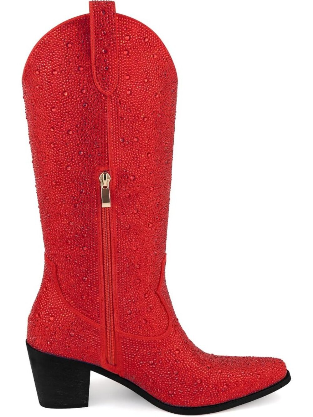 Women’s Red Rhinestone Cowboy Boots Mid Calf Pointed Toe Sparkly Block Heel - Picture 4 of 5